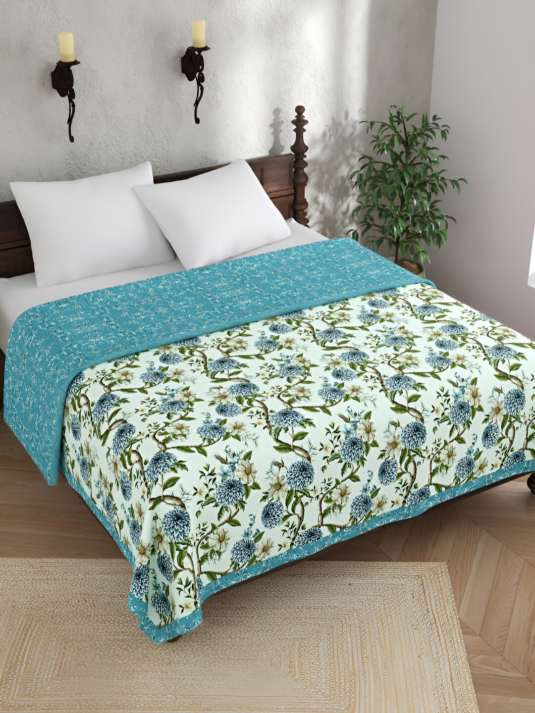 

EverHOME Daisy Meadows Blue & Green Floral Cotton AC Room 120 GSM Double Bed Dohar