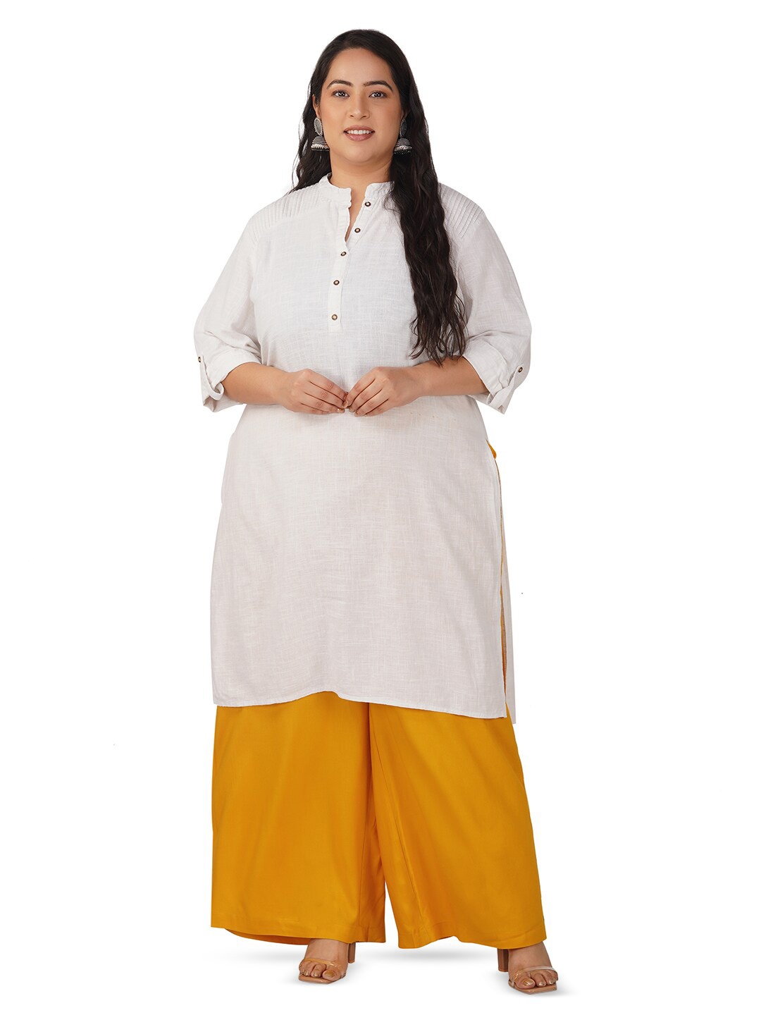 

indian flower Plus Size Wide Leg Ethnic Palazzos, Yellow