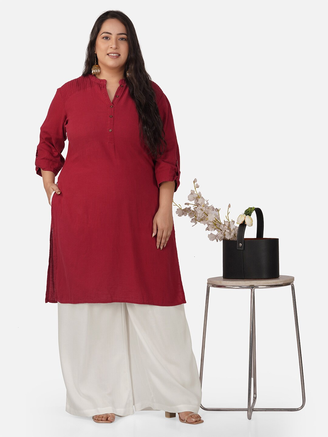 

indian flower Plus Size Knitted Straight Ethnic Palazzos, White