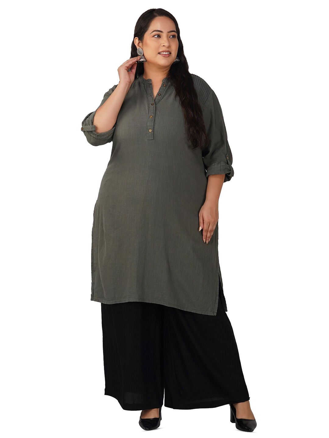 

indian flower Plus Size Knitted Straight Ethnic Palazzos, Black