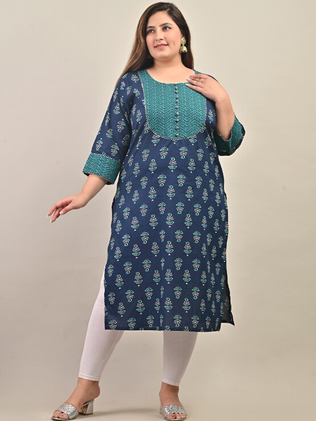 

Swasti Plus Size Ethnic Motifs Printed Cotton Straight Kurta, Blue