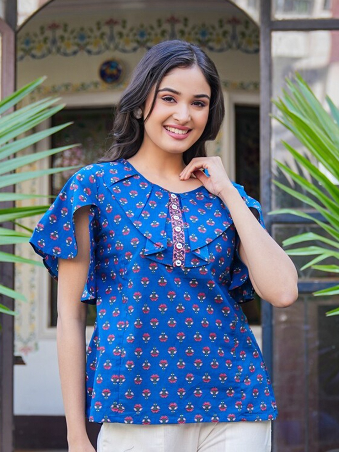 

YASH GALLERY Floral Printed Slit Sleeves Ruffles Cotton Top, Blue