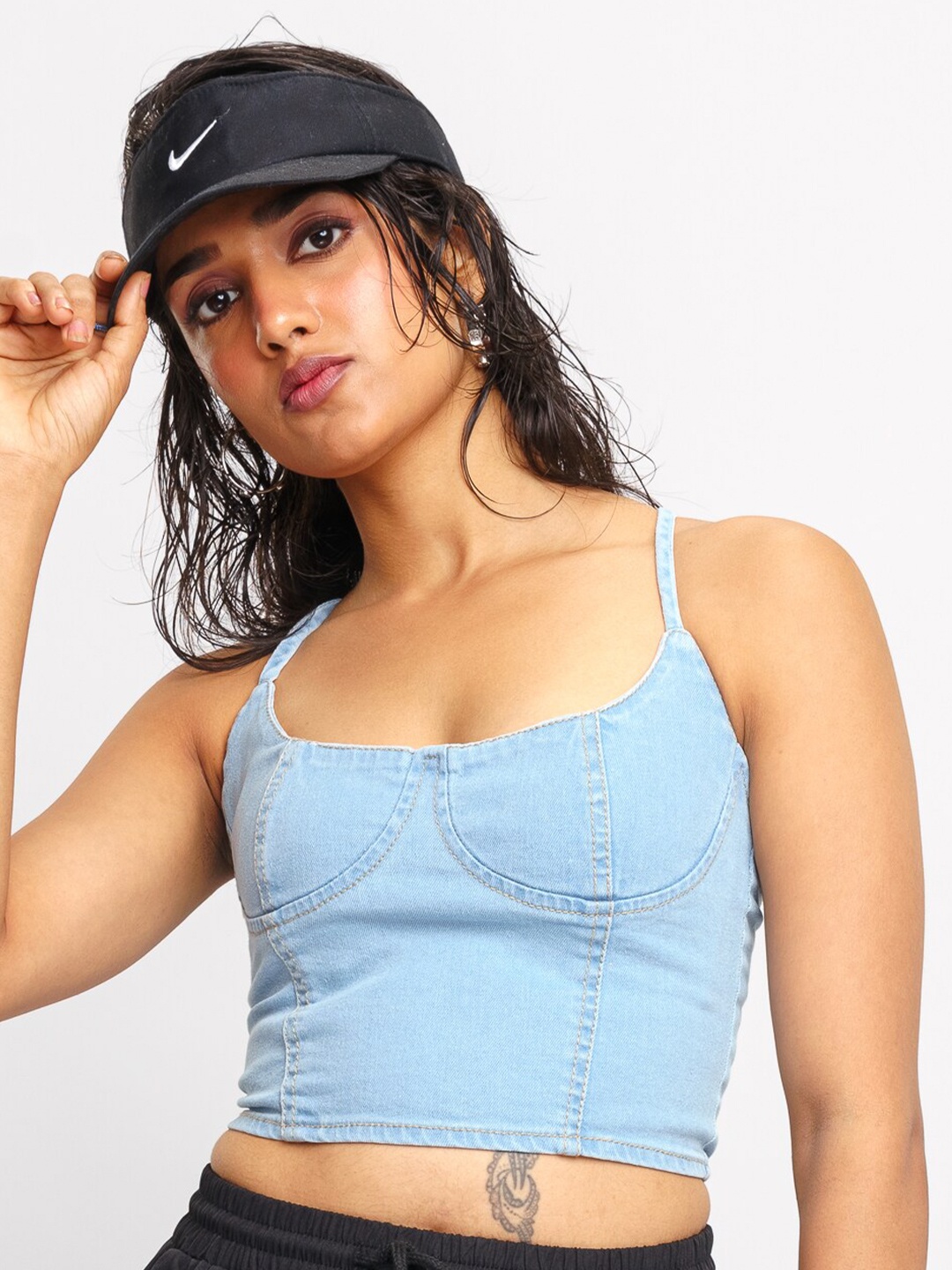 

FREAKINS Shoulder Straps Cotton Bralette Crop Top, Blue