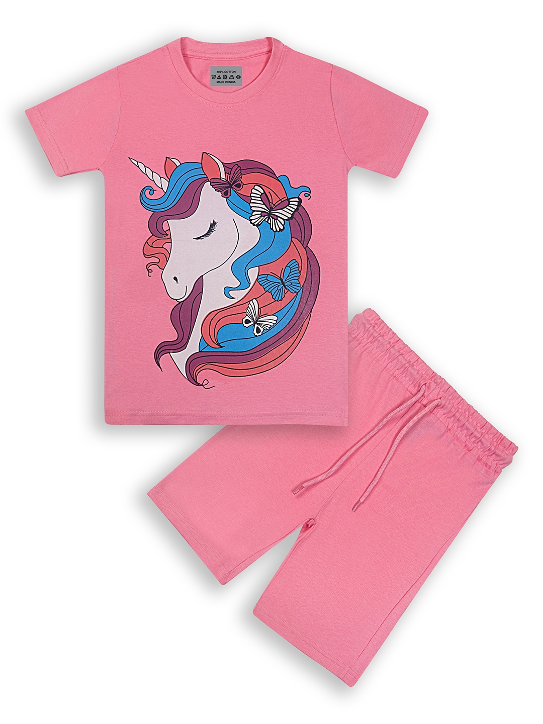 

BAESD Kids Unicorn Printed Pure Cotton Short Sleeves Breathable Night Suit, Pink