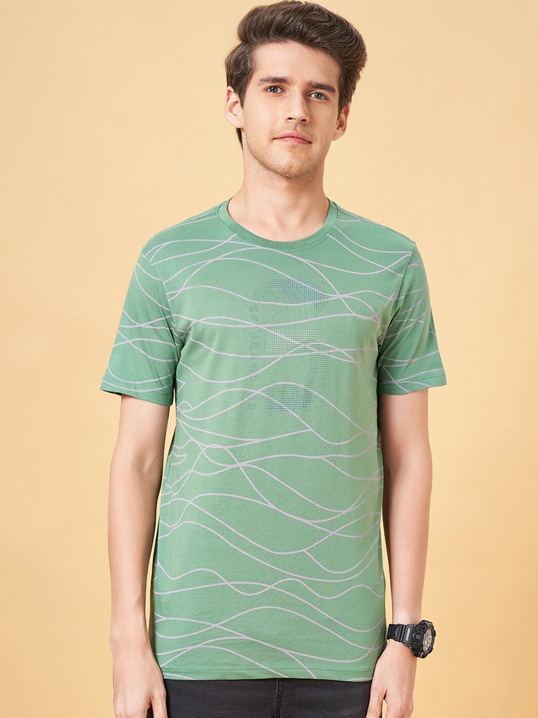 

SF JEANS by Pantaloons Abstract Printed Slim Fit Cotton T-shirt, Green