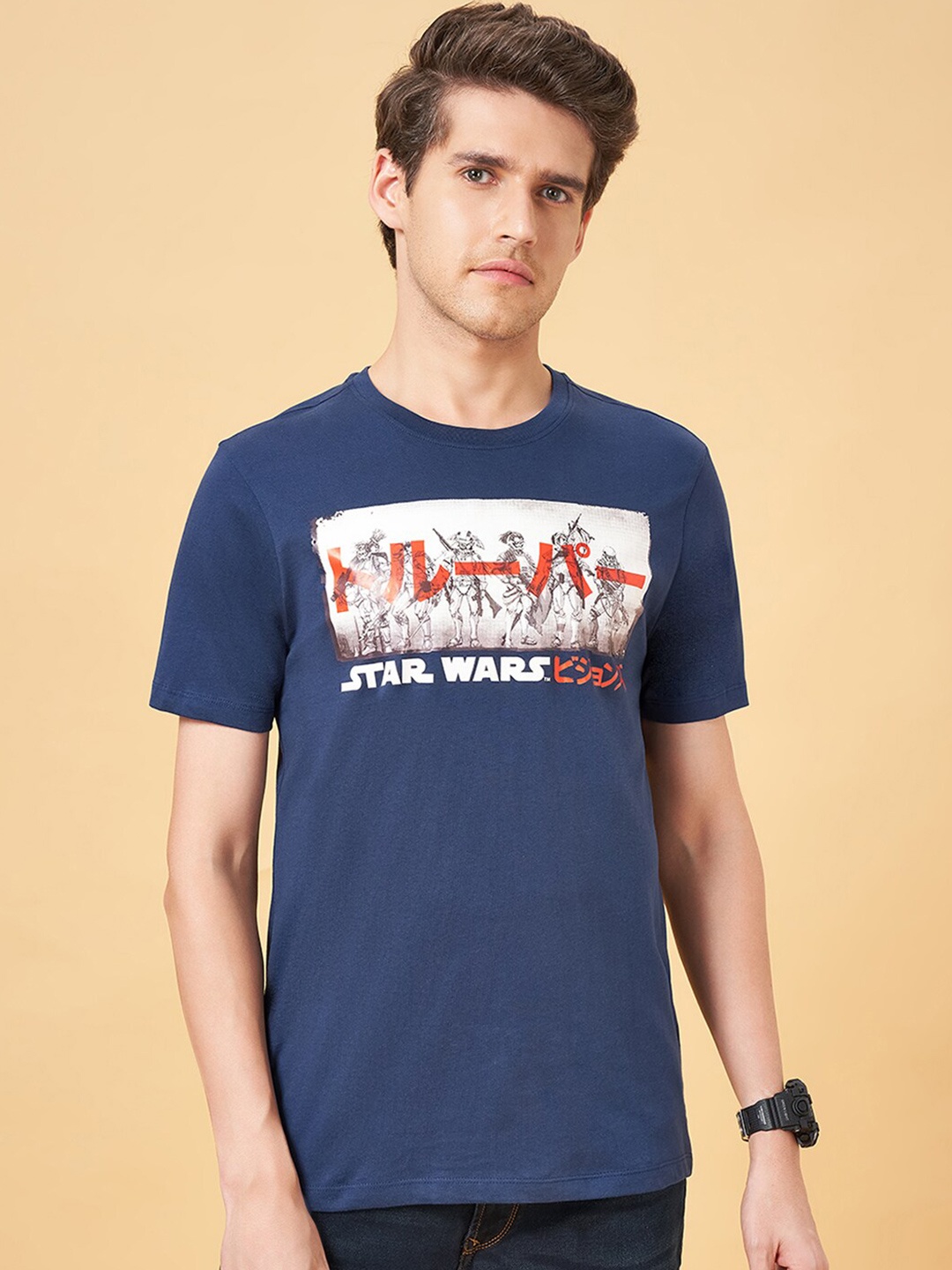 

SF JEANS by Pantaloons Graphic Printed Slim Fit Cotton T-shirt, Navy blue