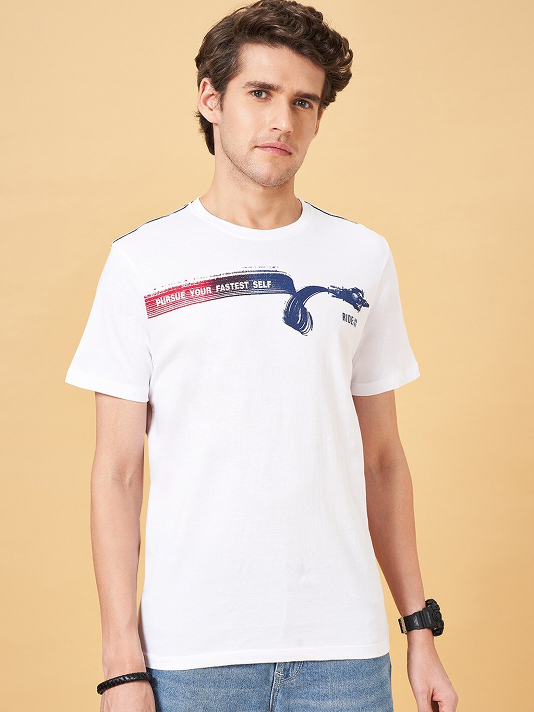 

SF JEANS by Pantaloons Graphic Printed Slim Fit Cotton T-shirt, White