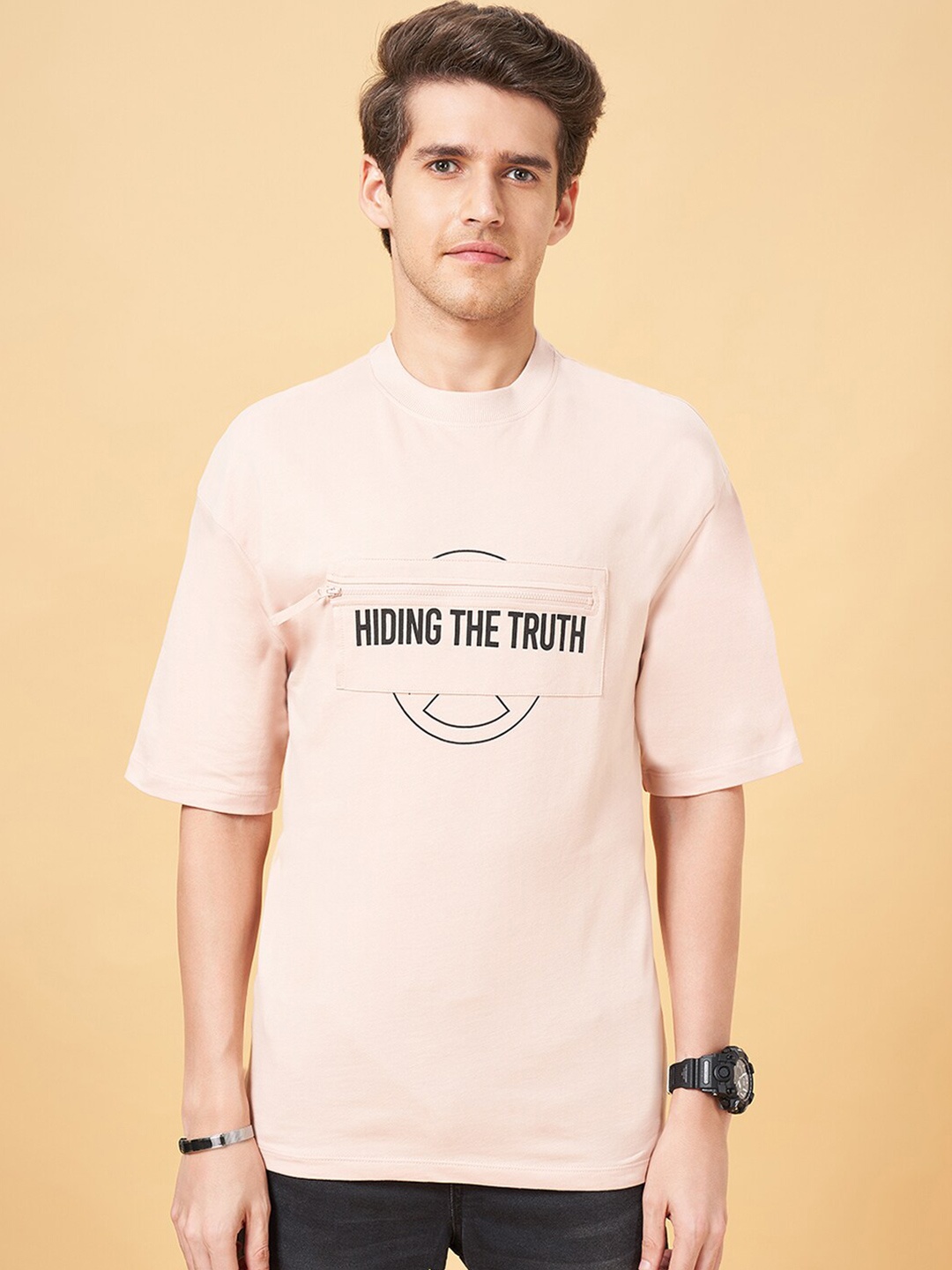 

SF JEANS by Pantaloons Typography Printed Oversized Cotton T-shirt, Pink