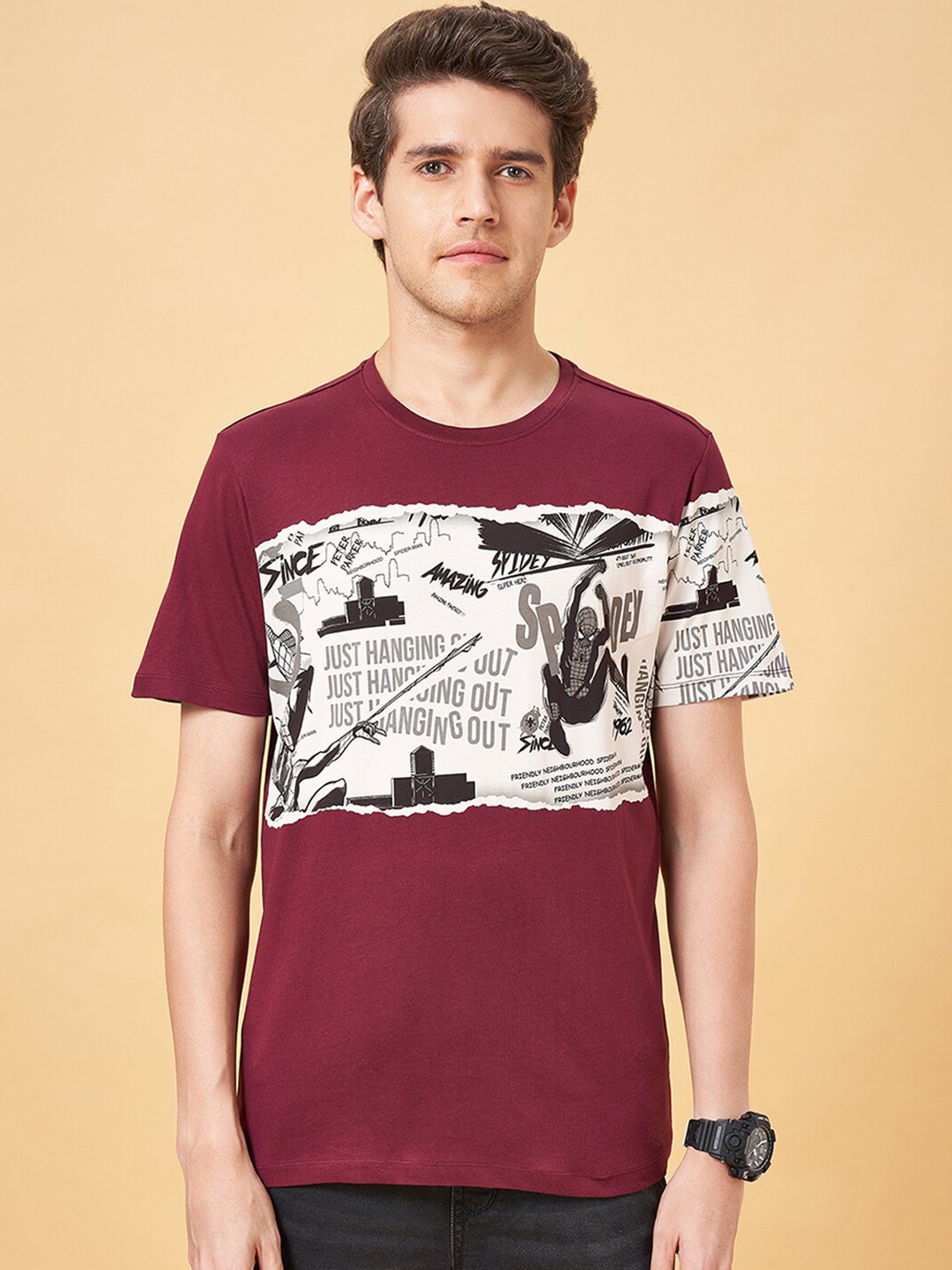 

SF JEANS by Pantaloons Graphic Printed Slim Fit Cotton T-shirt, Maroon