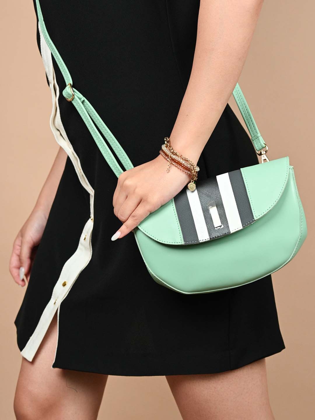 

Baggit Striped Half Moon Sling Bag, Green