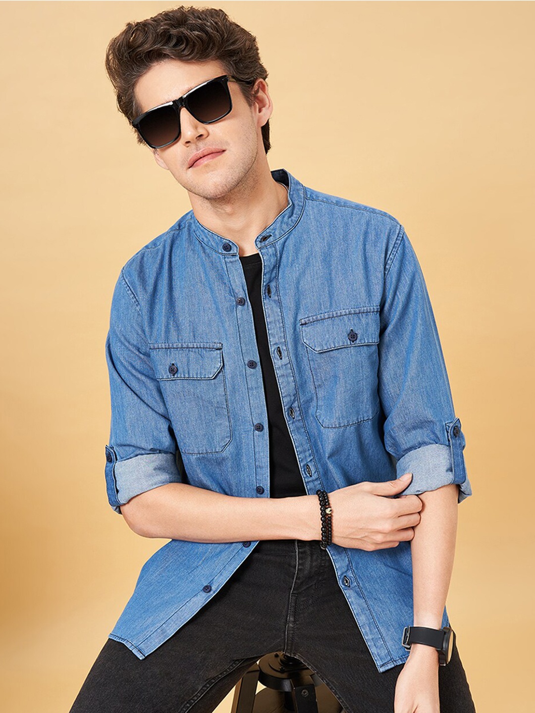 

YU by Pantaloons Mandarin Collar Roll-Up Sleeves Pure Cotton Shacket, Blue