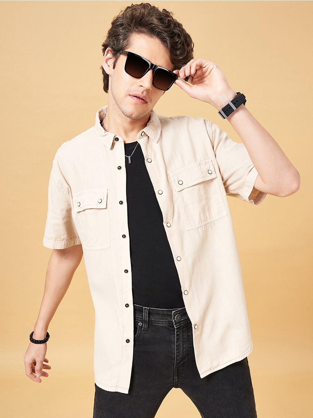

YU by Pantaloons Short Sleeves Pure Cotton Shacket, Beige