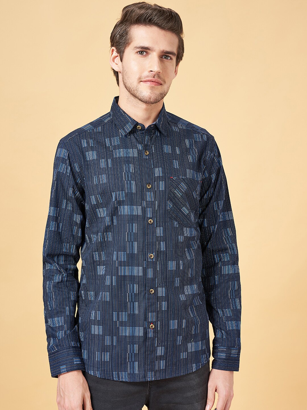 

SF JEANS by Pantaloons Slim Fit Printed Twill Casual Shirt, Navy blue