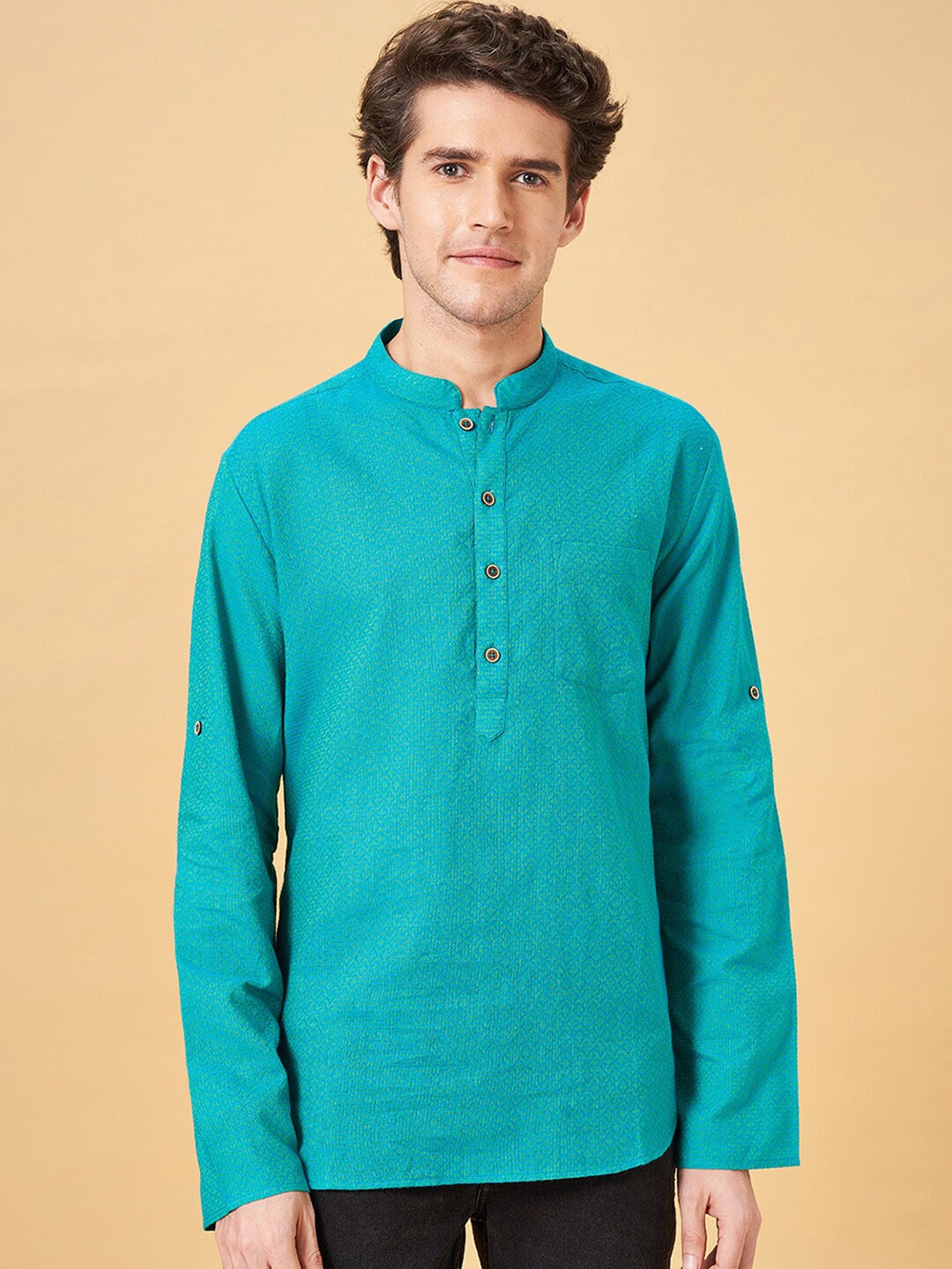 

indus route by Pantaloons Ethnic Motifs Printed Mandarin Collar Cotton Straight Kurta, Teal