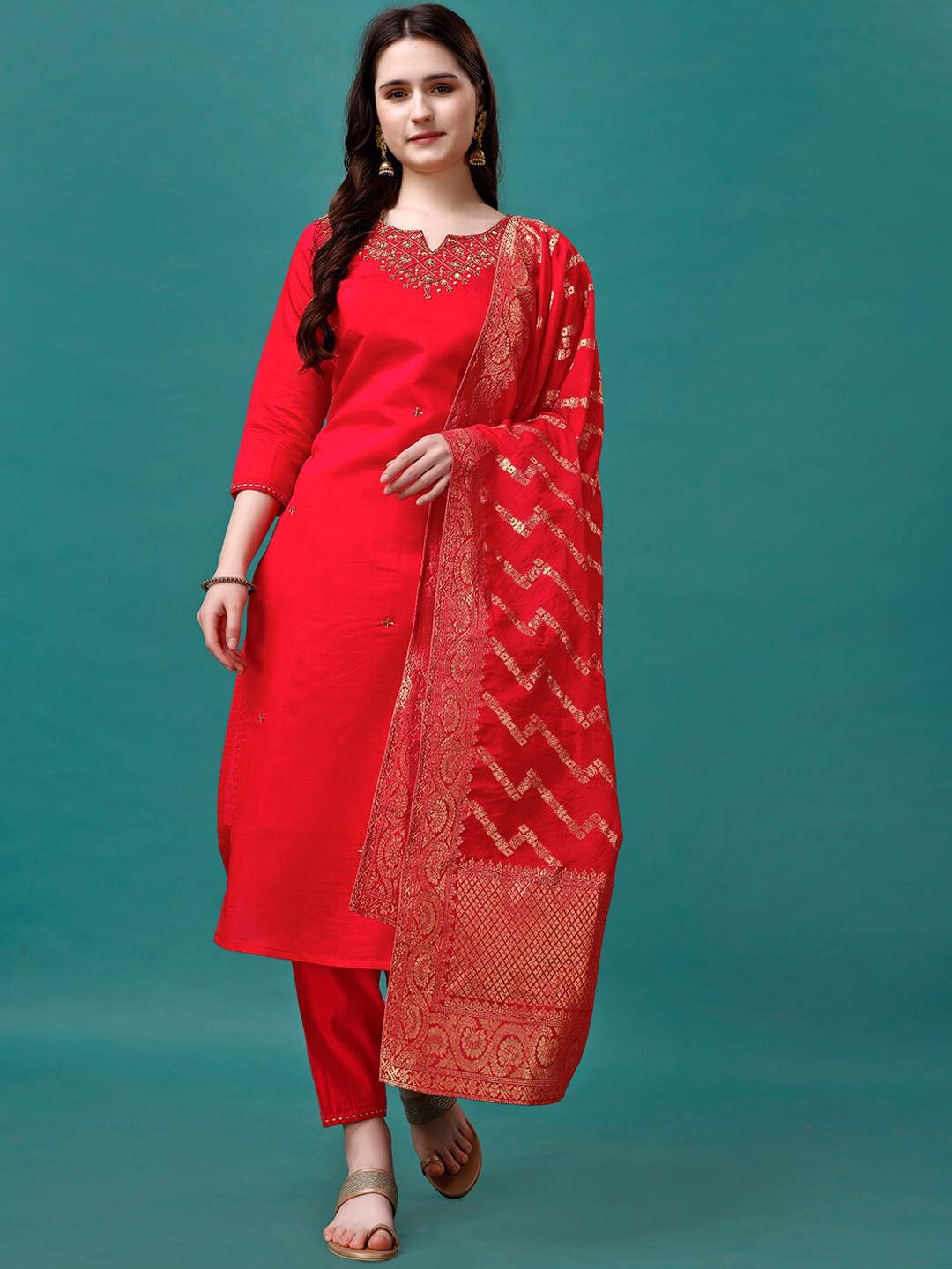 

Berrylicious Floral Embroidered Regular Chanderi Cotton Kurta with Trousers & Dupatta, Red