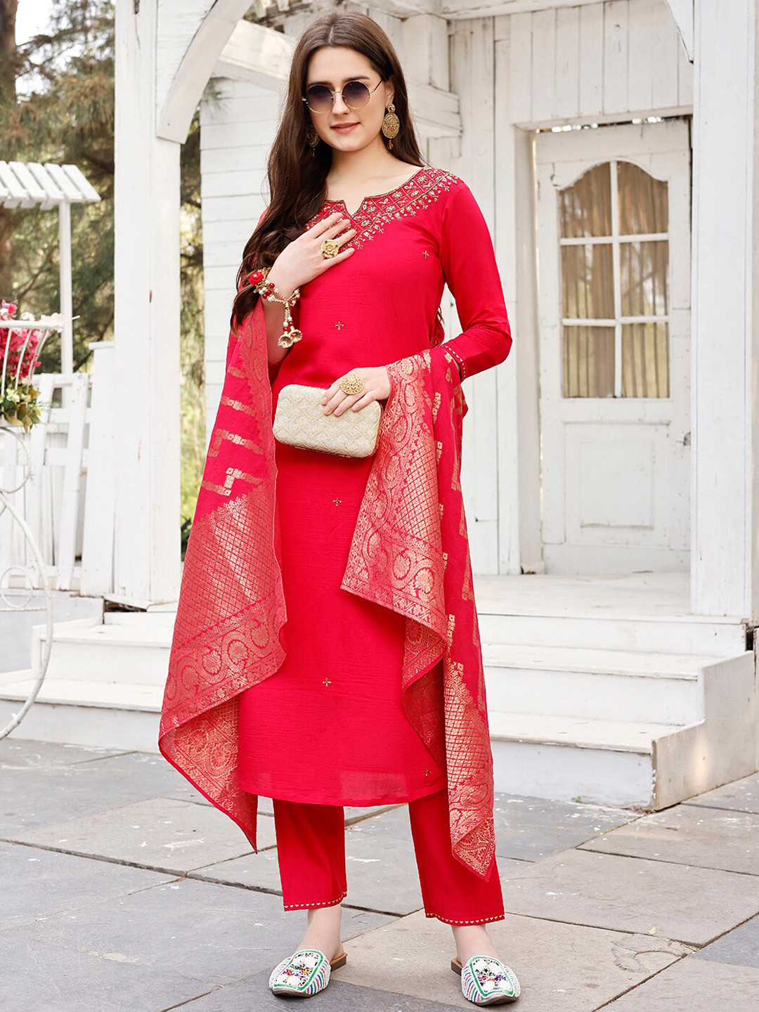 

Berrylicious Floral Embroidered Regular Chanderi Cotton Kurta with Trousers & Dupatta, Pink