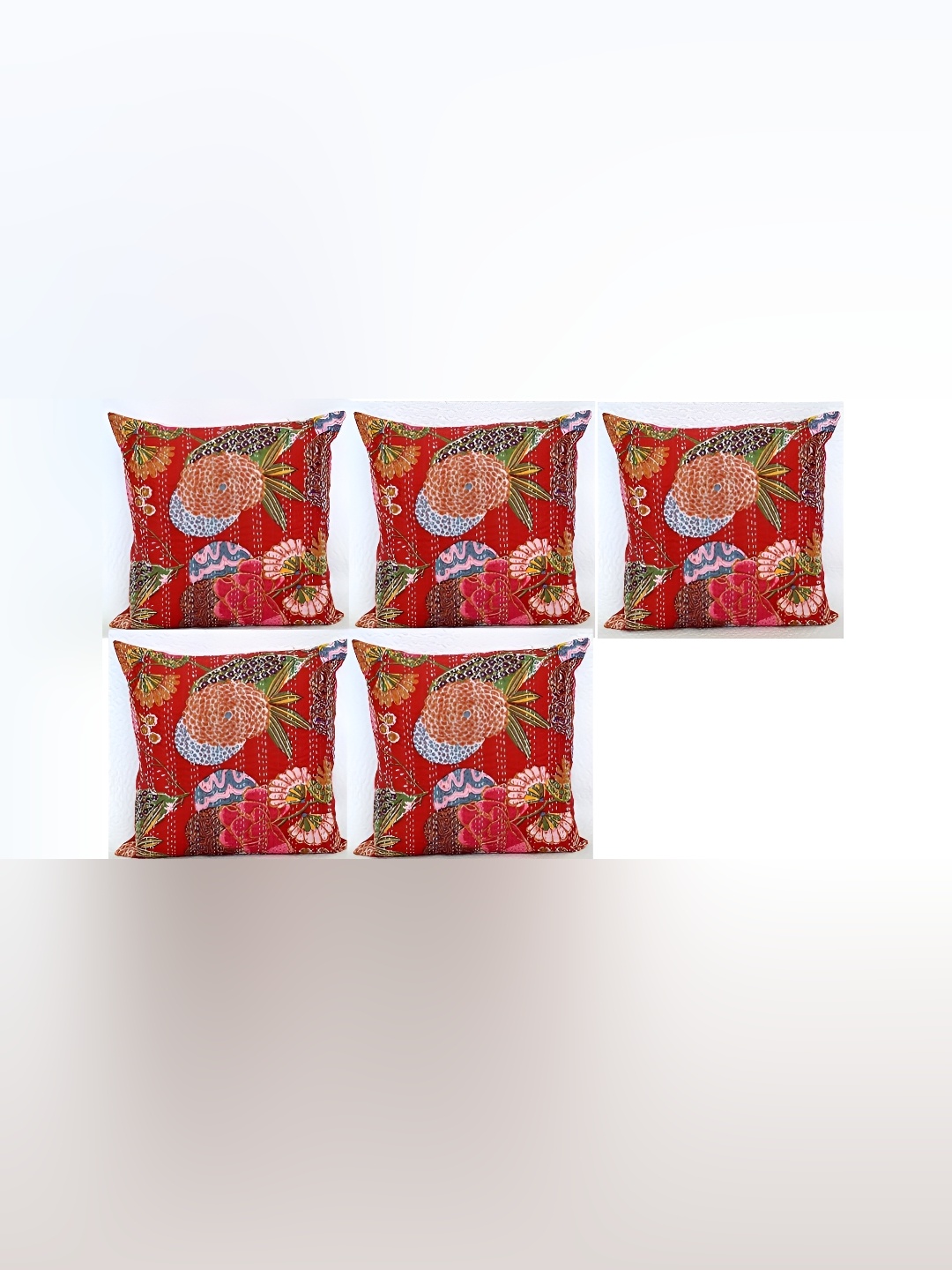 

REGMESS Red & Green 5 Pieces Floral Cotton Square Cushion Covers