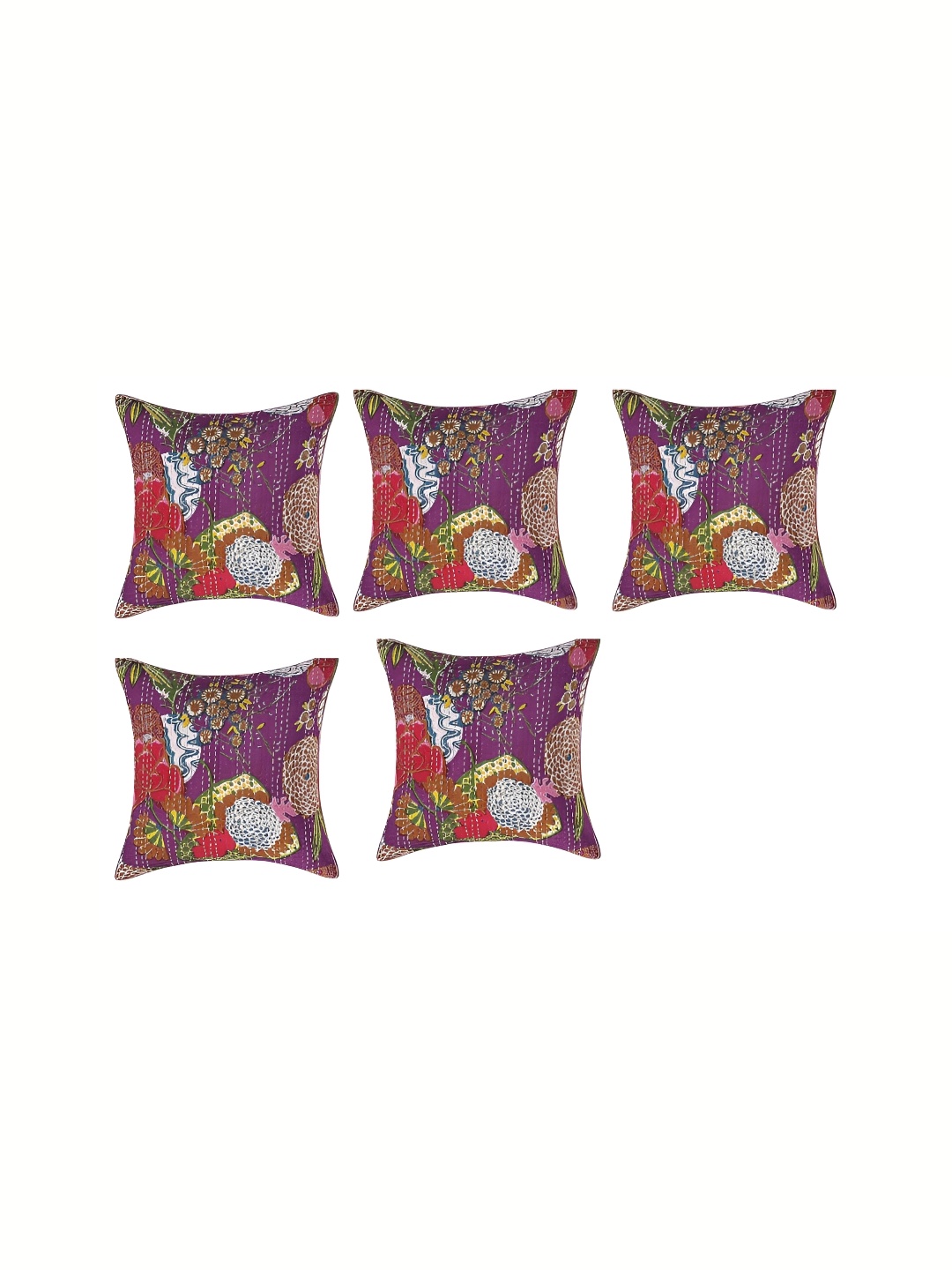 

REGMESS Purple & Green 5 Pieces Embellished Square Cotton Cushion Covers