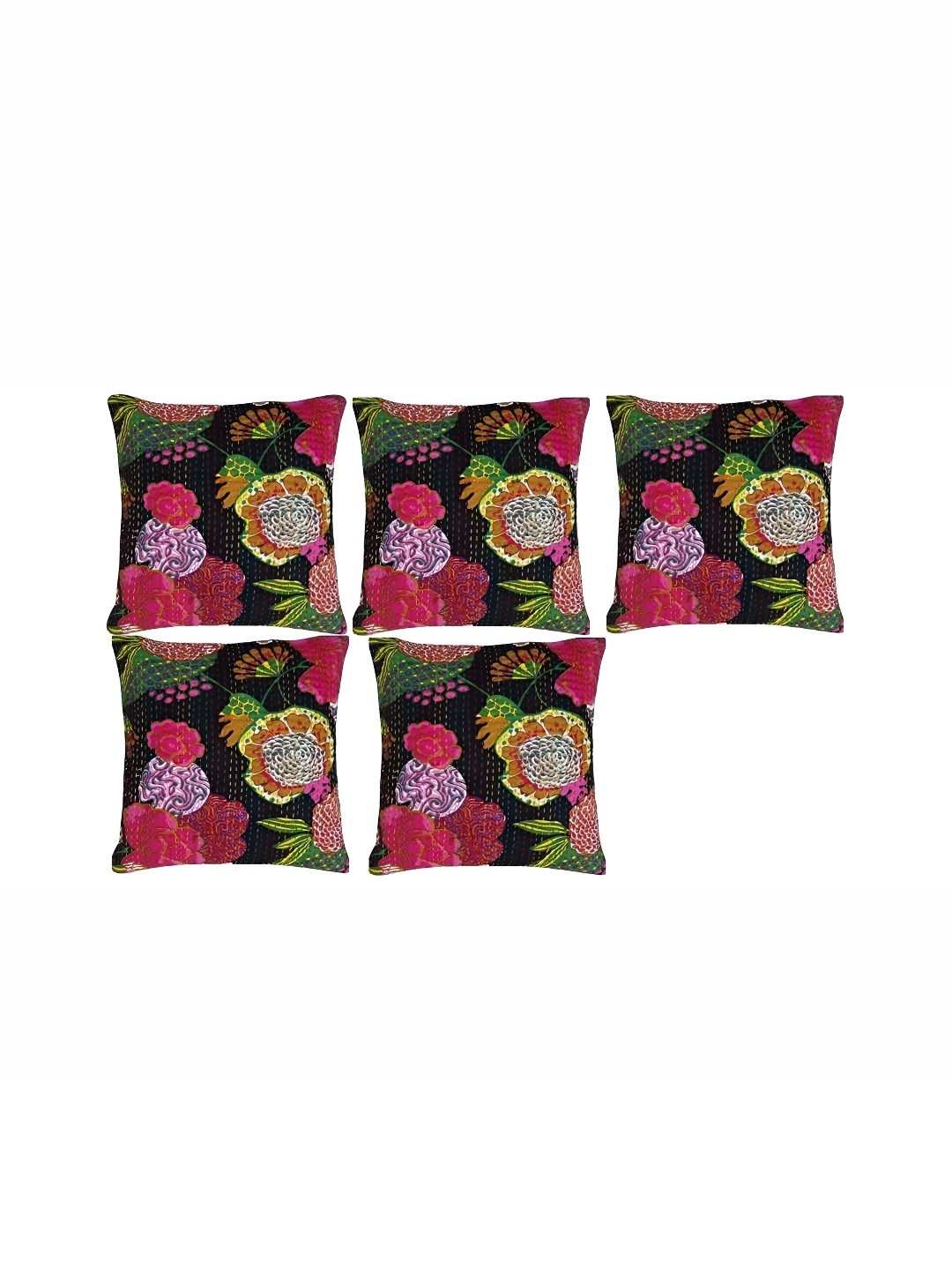 

REGMESS Black & Pink 5 Pieces Floral Cotton Square Cushion Covers