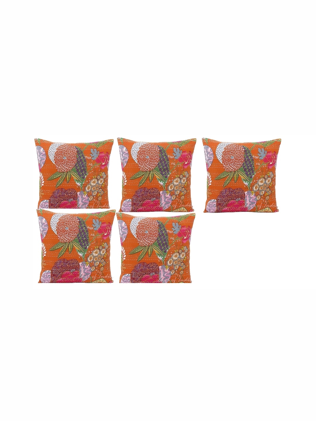 

REGMESS Orange & Green 5 Pieces Floral Cotton Square Cushion Covers