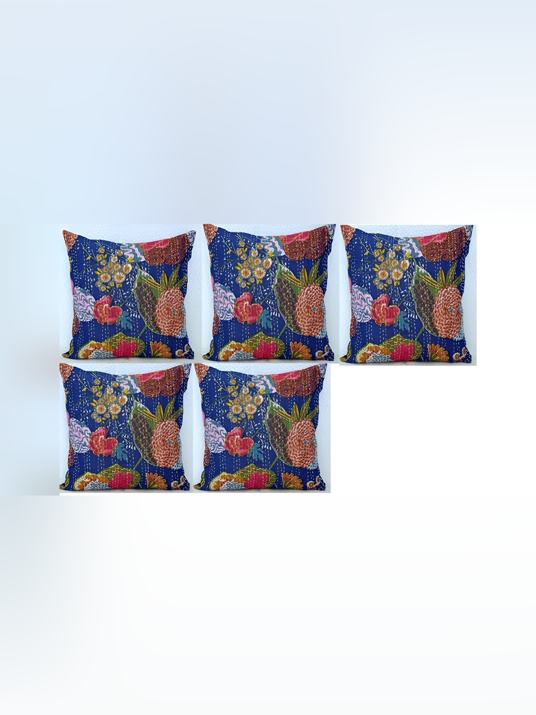 

REGMESS Blue & Red 5 Pieces Floral Cotton Square Cushion Covers