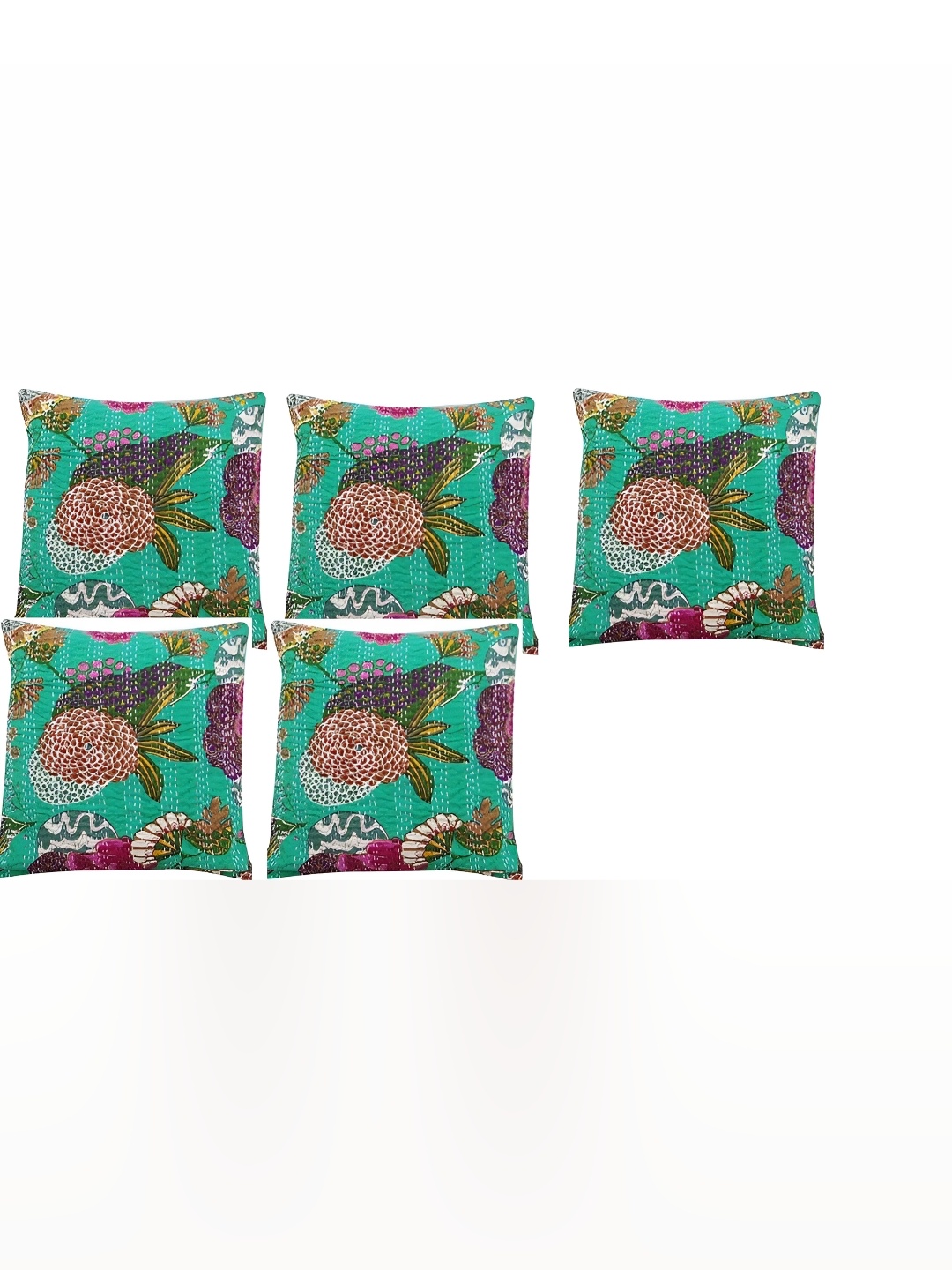 

REGMESS Green & Purple 5 Pieces Floral Square Cotton Cushion Covers