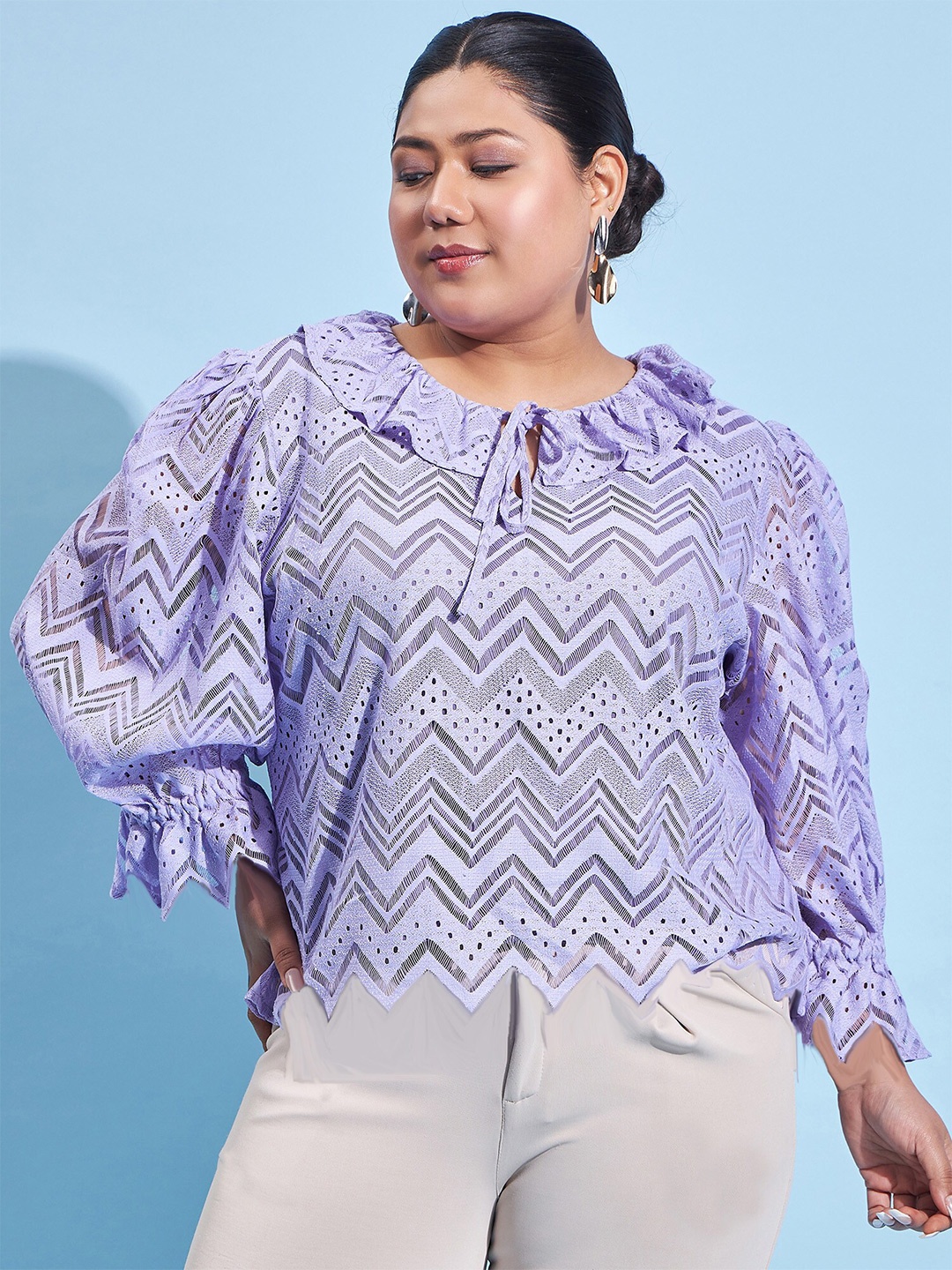 

Athena Ample Plus Size Self Design Tie-Up Neck Lace Top, Lavender