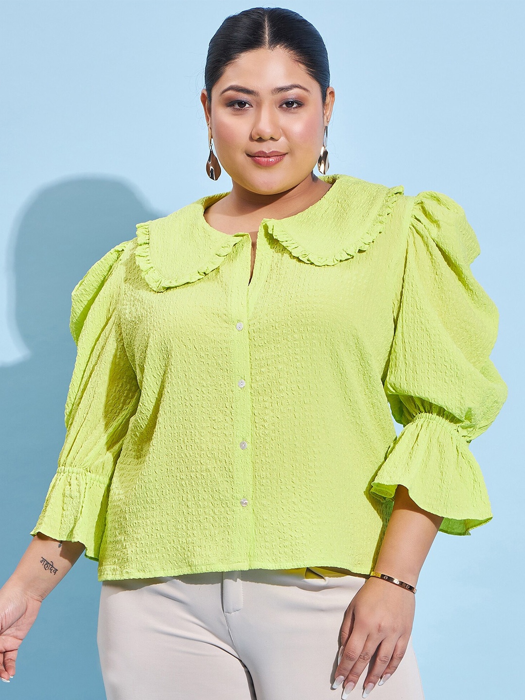 

Athena Ample Plus Size Peter Pan Collar Bell Sleeve Shirt Style Top, Lime green