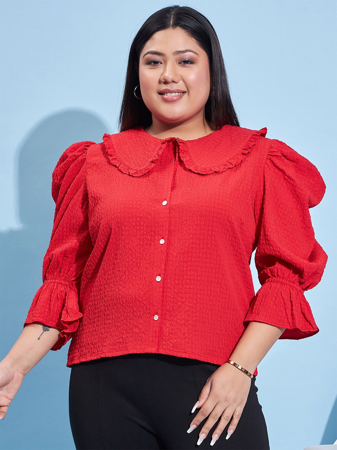 

Athena Ample Plus Size Peter Pan Collar Bell Sleeve Shirt Style Top, Red