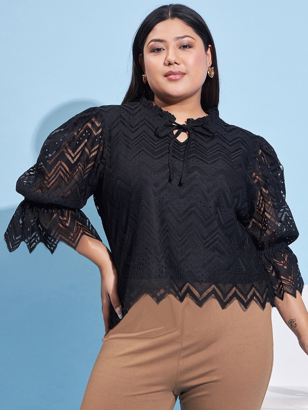 

Athena Ample Self Design Puff Sleeves Tie-Up Neck Lace Top, Black