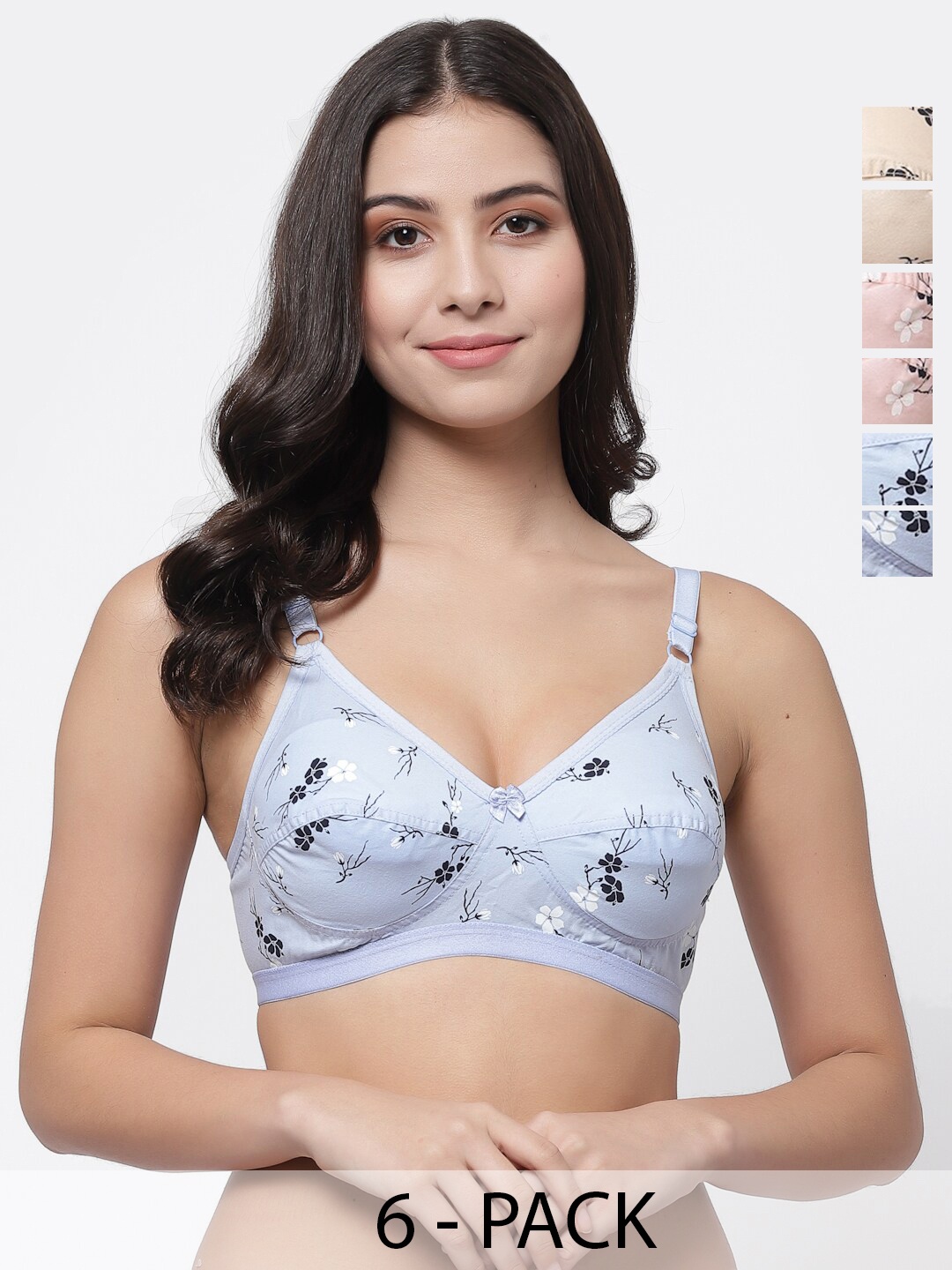 

Docare Pack Of 6 Printed Full Coverage Cotton Everyday Bras With All Day Comfort, Peach