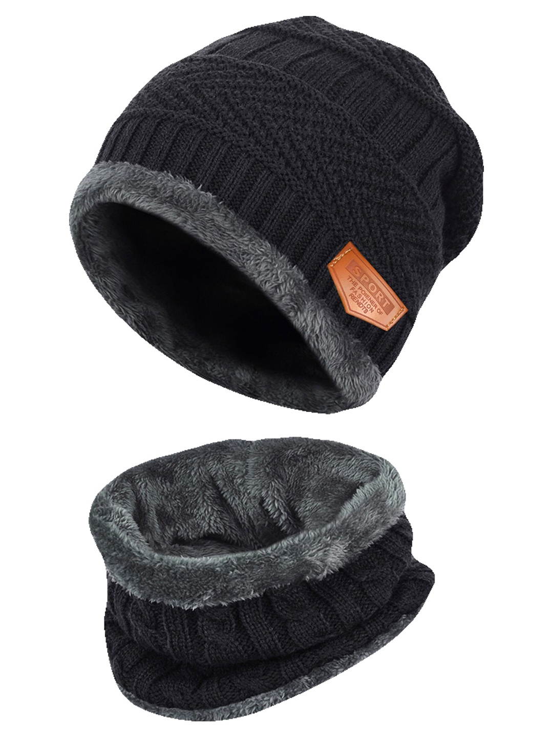 

BAESD Men Self Design Woollen Beanie With Muffler, Black