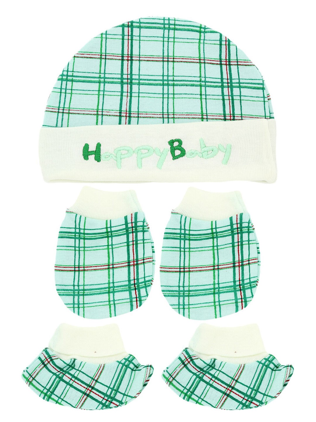 

BAESD Infants Checked Organic Cotton Mittens With Booties & Cap, Green