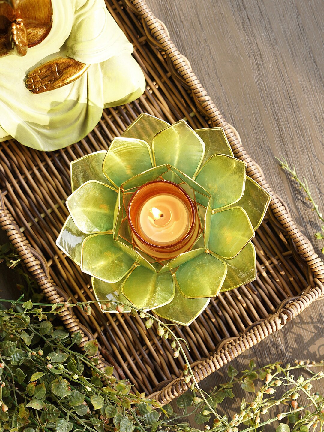 

Pure Home and Living Green & Gold Toned 22 Petals Candle Holders