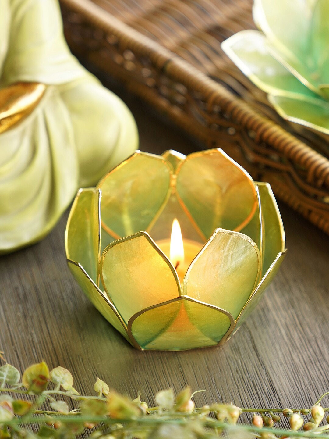 

Pure Home and Living Green & Gold Toned 12 Petals Candle Holders