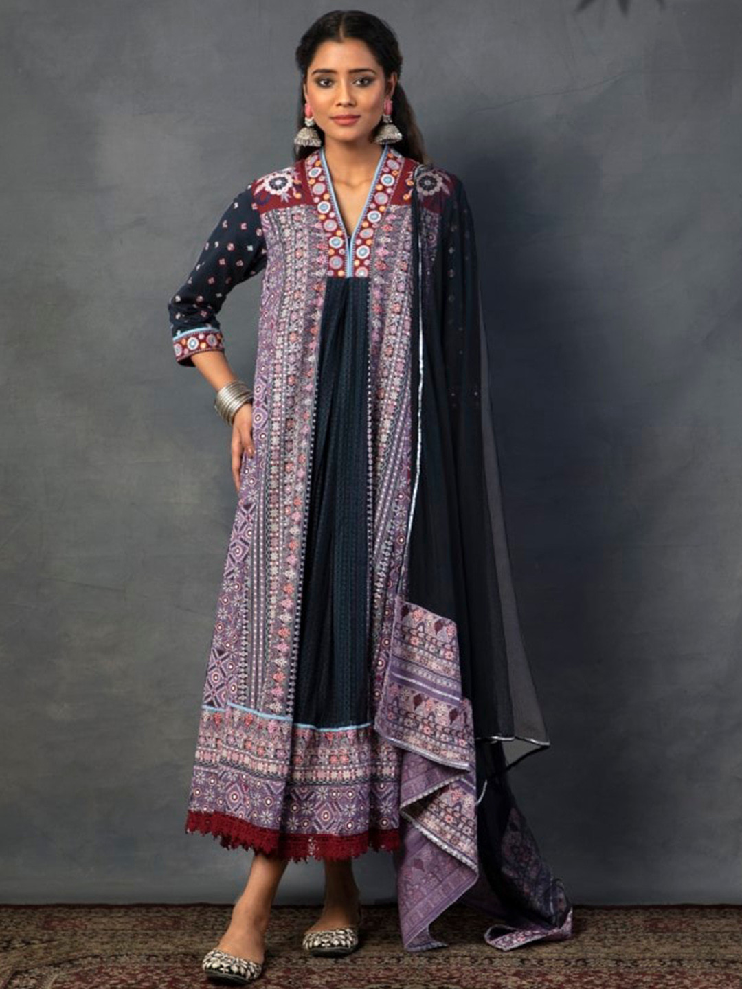 

Juniper Tribal Printed Mirror Work Cotton A-Line Midi Ethnic Dress With Dupatta, Lavender