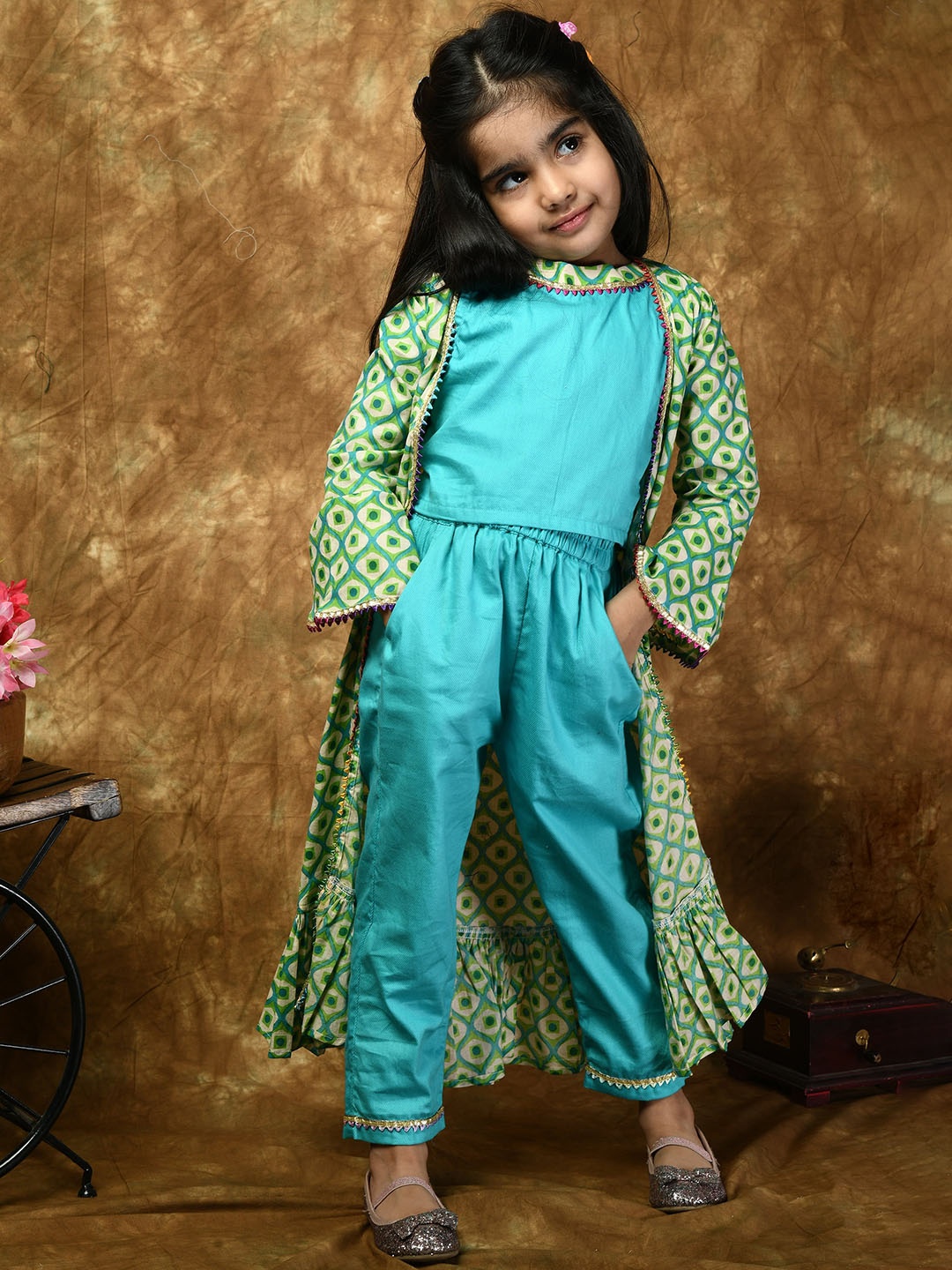 

BAESD Girls Gotta Patti Pure Cotton Top With Trouser & Printed Jacket, Blue