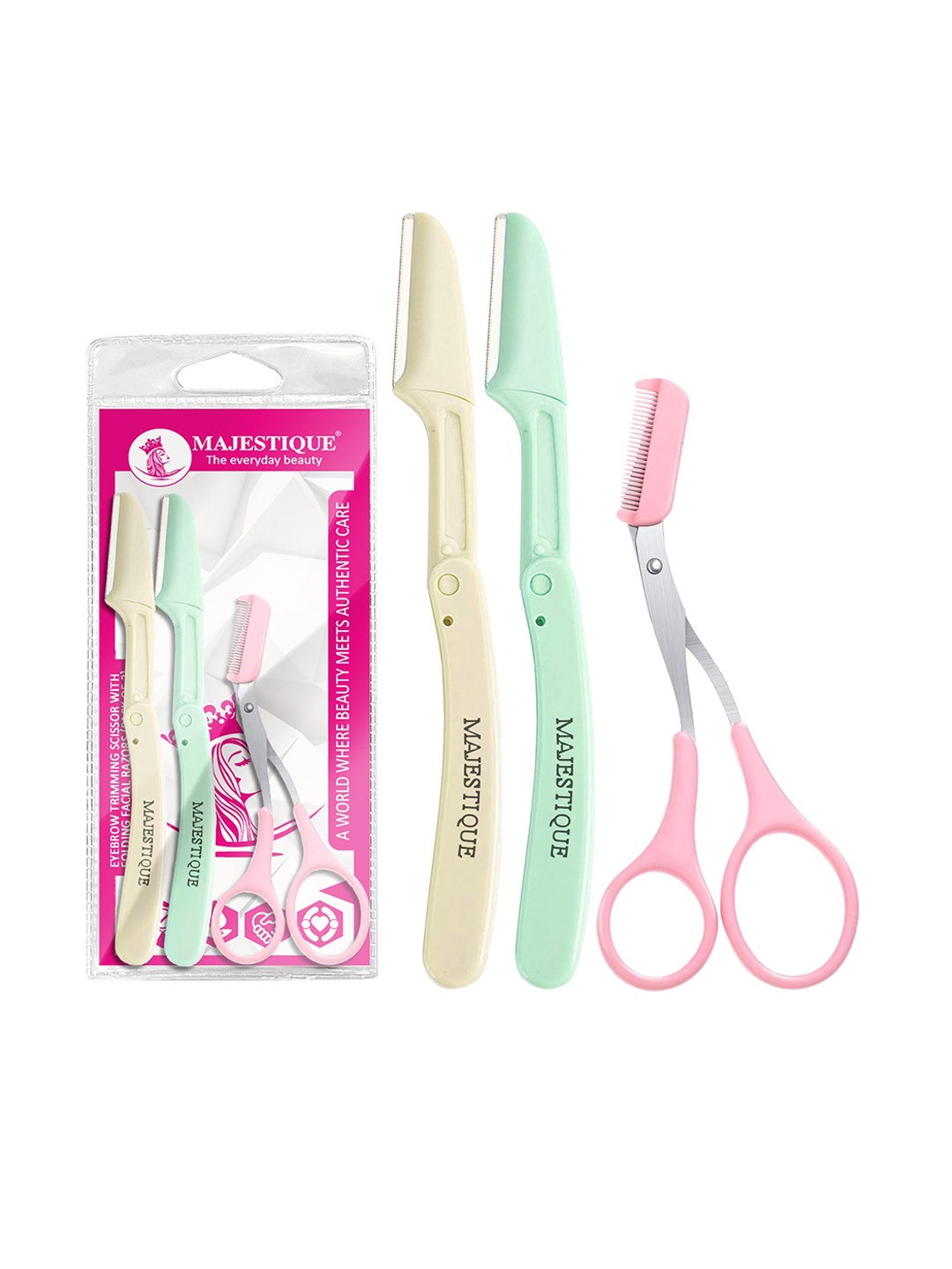 

MAJESTIQUE 3-Pcs Eyebrow Trimmer Scissors With Folding Facial Razors, Multi