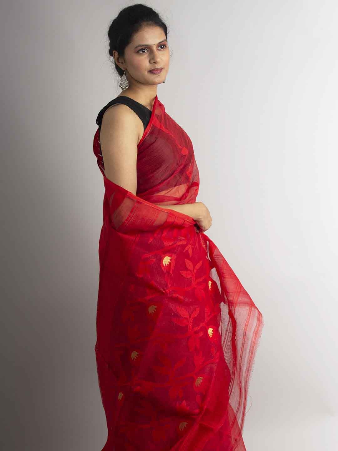 

Aevum Floral Woven Design Jamdani Saree, Red