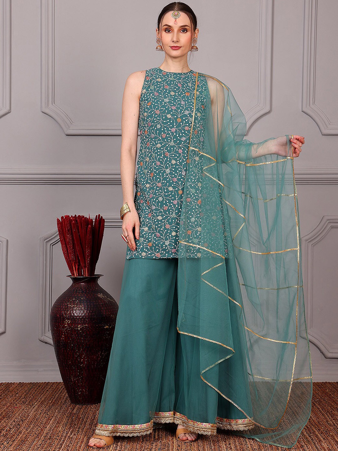 

Ethnovog Floral Embroidered Ready To Wear Kurti With Palazzos, Green