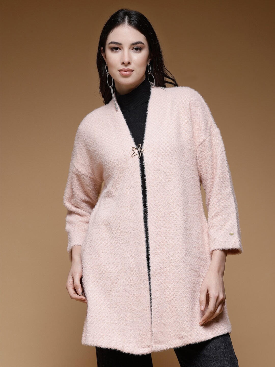 

Juelle Self Design Open Front Longline Shrug, Pink