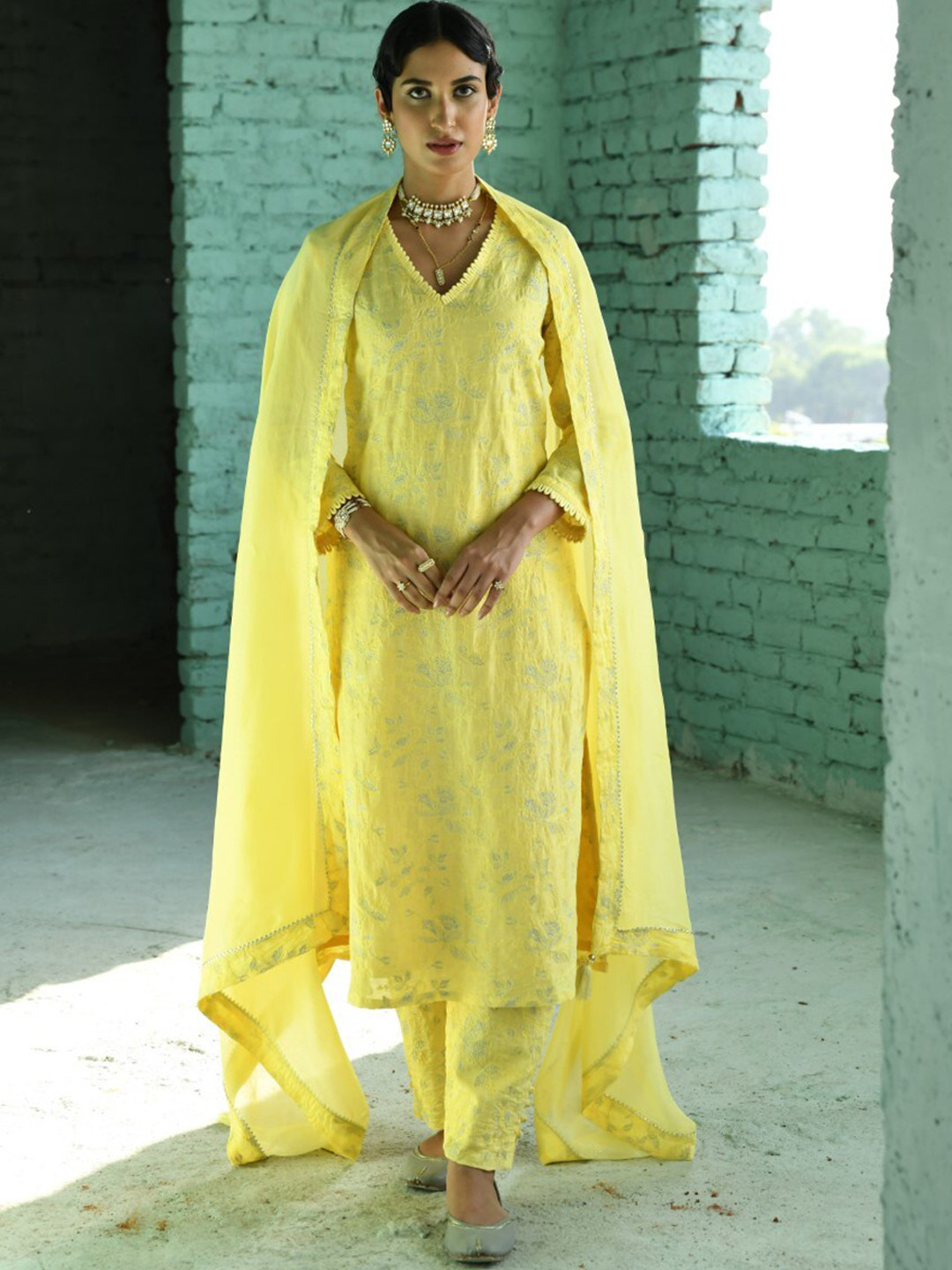

KARAJ JAIPUR Ethnic Motifs Embroidered Linen Straight Kurta With Trouser & Dupatta, Yellow