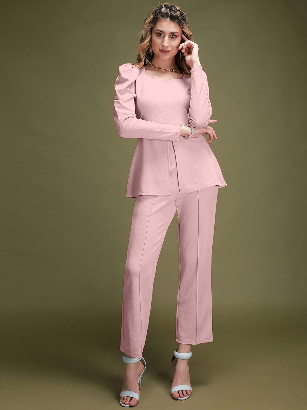 

Selvia Sweetheart Neck Knitted Top With Trouser Co-Ords, Pink