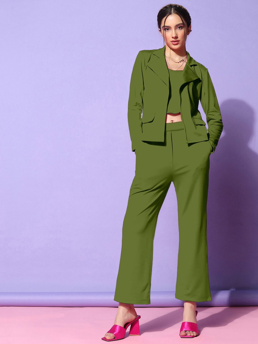 

Selvia Sweetheart Neck Knitted Top Blazer With Trouser Co-Ords, Olive