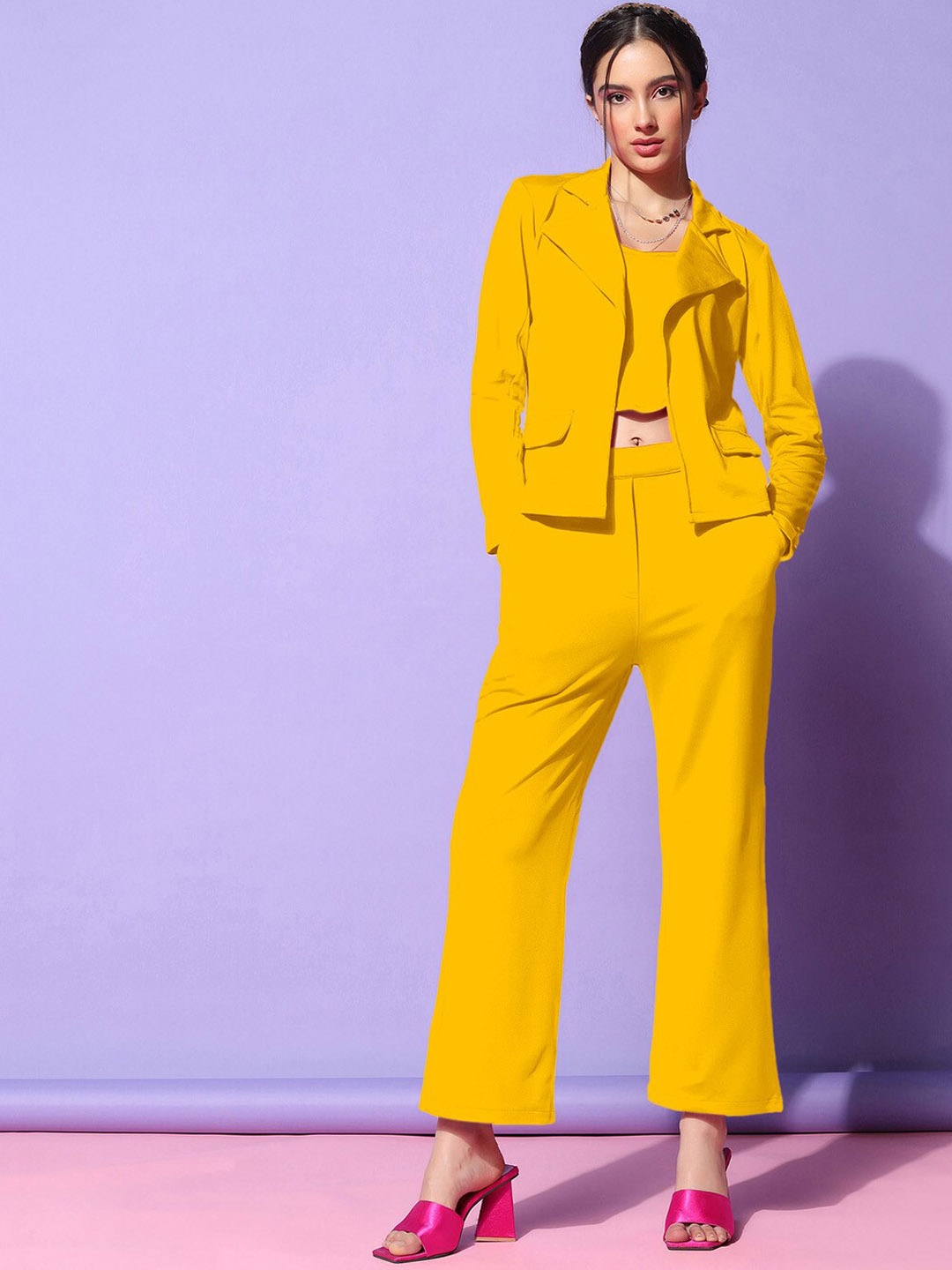 

Selvia Sweetheart Neck Crop Top With Jacket & Trouser, Yellow