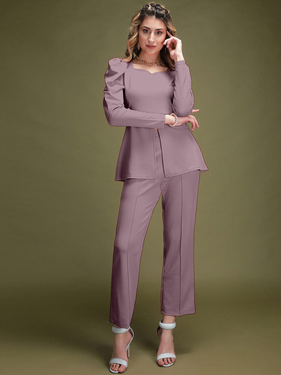 

Selvia Sweetheart Neck Top With Trousers, Mauve