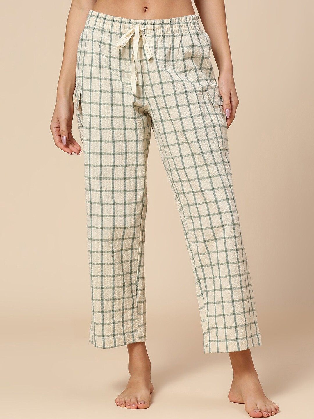 

Chemistry Women Checked Pure Cotton Lounge Pants, Cream
