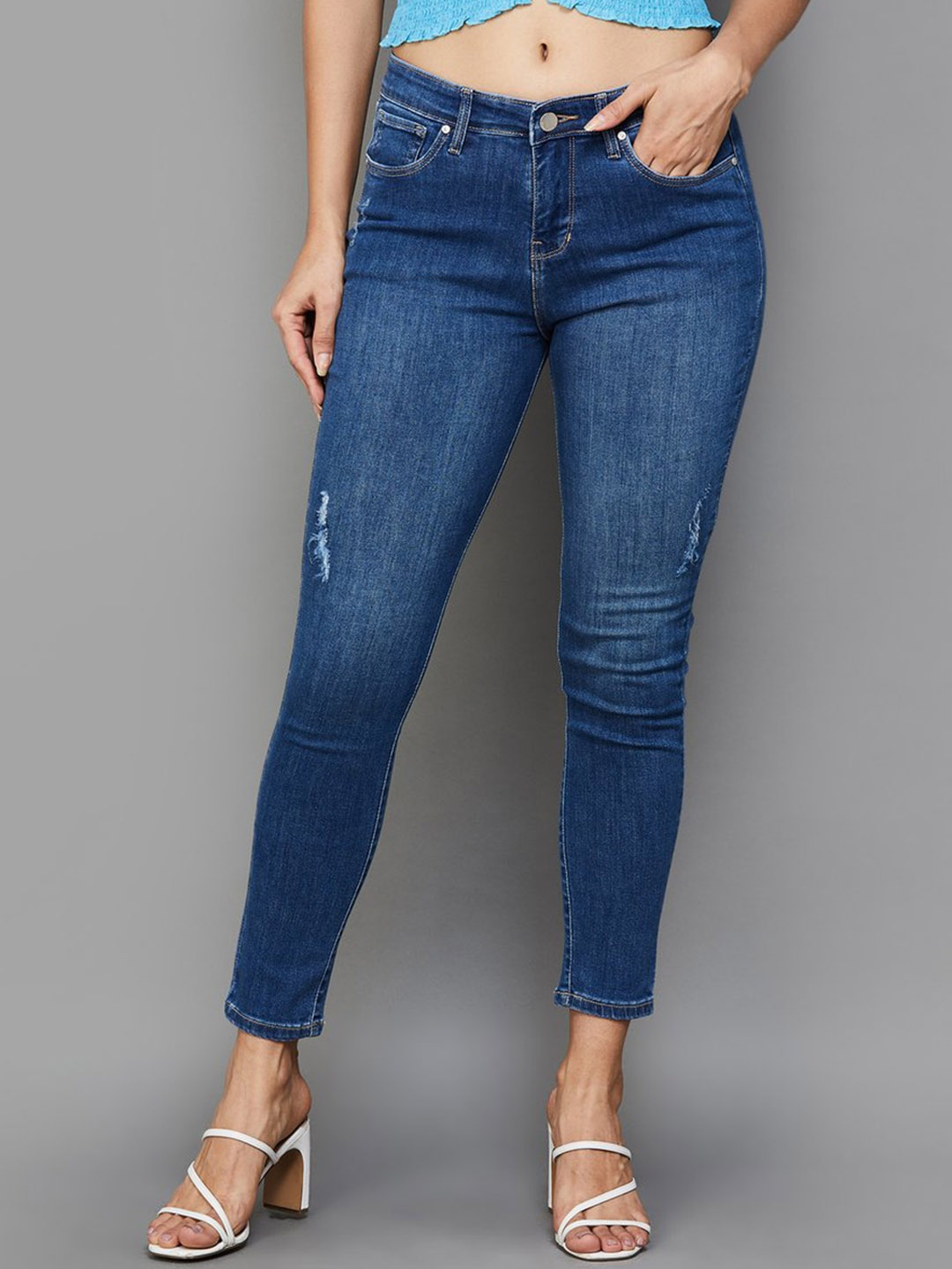 

Xpose Women Comfort Slim Fit Low Distress Light Fade Stretchable Jeans, Blue