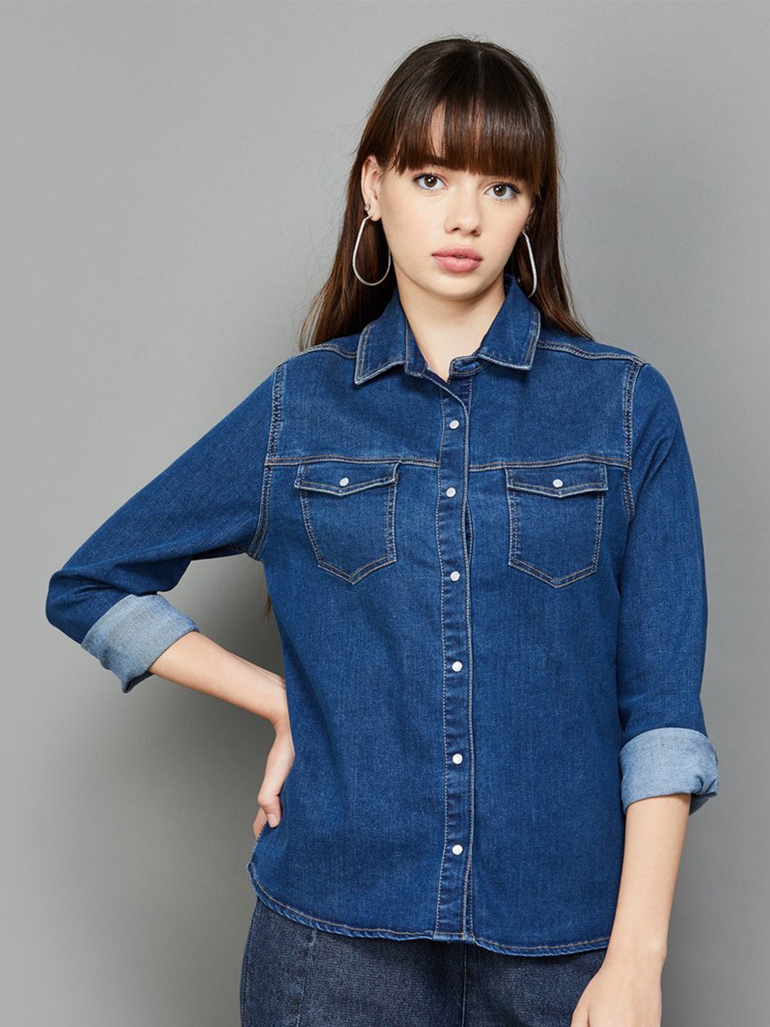 

Xpose Smart Long Sleeves Denim Weave Shacket, Navy blue