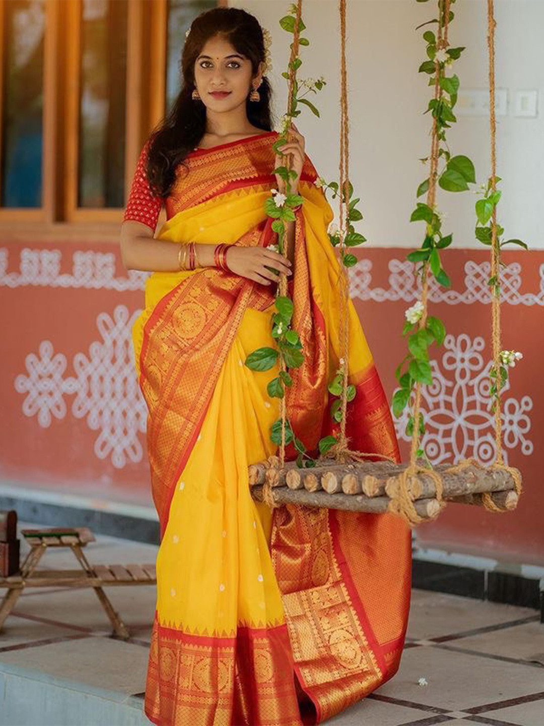 

bansari textiles Ethnic Motifs Woven Design Zari Pure Silk Banarasi Saree, Yellow